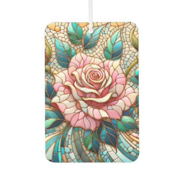 Pink Roses Stained Glass Mosaic Car Air Freshener (Front)