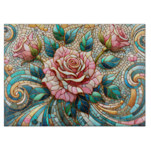 Pink Roses Stained Glass Mosaic Cutting Board