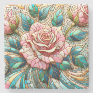 Pink Roses Stained Glass Mosaic Stone Coaster