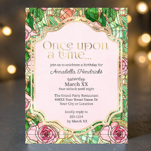 Pink Roses Stained Glass Sleeping Beauty Fairytale Invitation