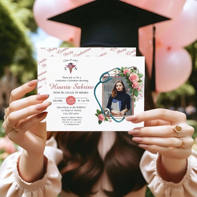 Pink Roses Stethoscope Nurse Graduation invitation Postcard (Creator Uploaded)