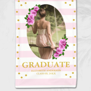 Pink Roses Striped Graduation Banner