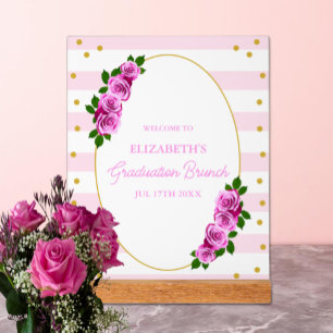 Pink Roses Striped Graduation Brunch Acrylic Sign