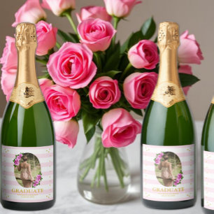 Pink Roses Striped Graduation Brunch Sparkling Wine Label