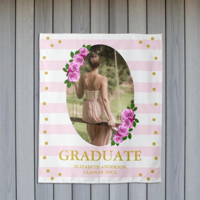 Pink Roses Striped Graduation Brunch Tapestry (Creator Uploaded)