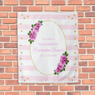 Pink Roses Striped Graduation Brunch Tapestry