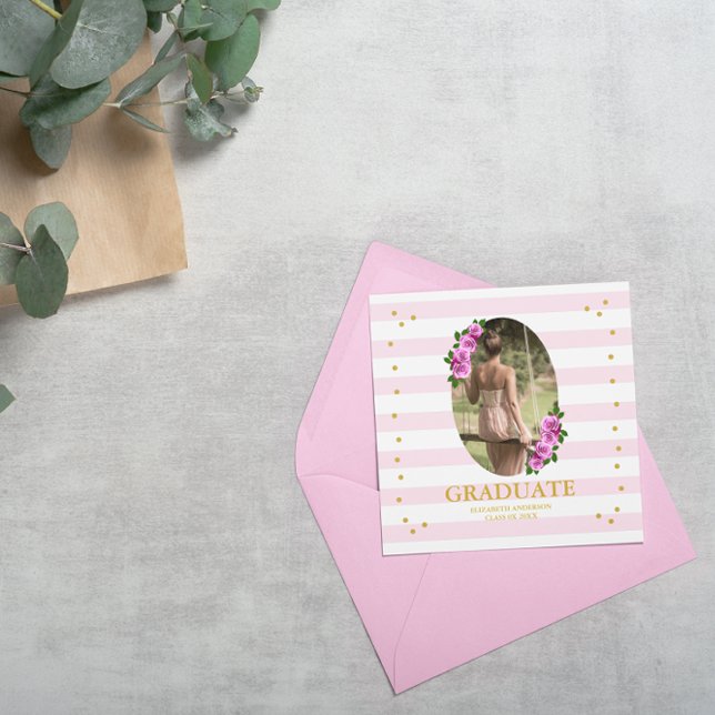 Pink Roses Striped Graduation Name Card (Creator Uploaded)