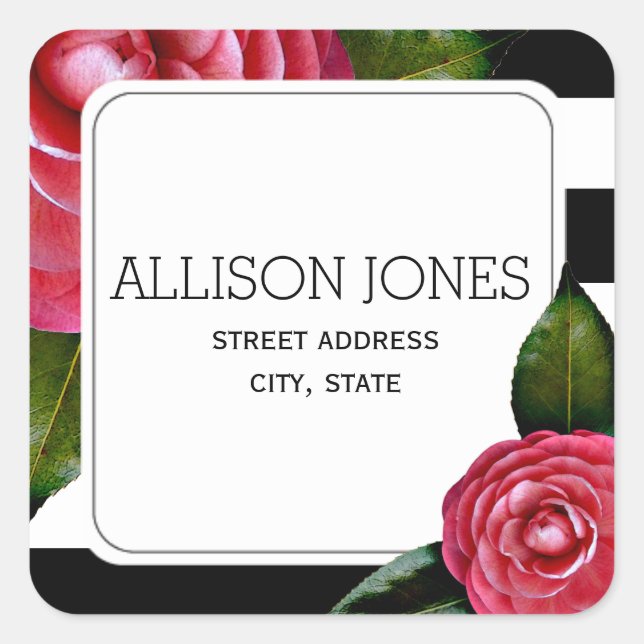 Pink Roses + Stripes Address Sticker (Front)