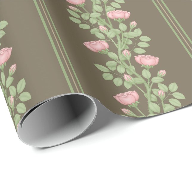 Pink Roses & Stripes on Brown Wrapping Paper (Roll Corner)