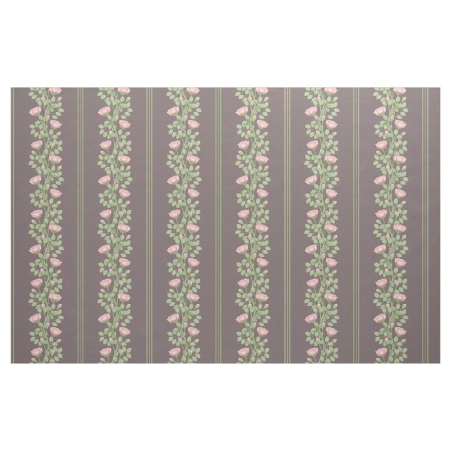 Pink Roses & Stripes on Dark Plum (small scale) Fabric (Yard)