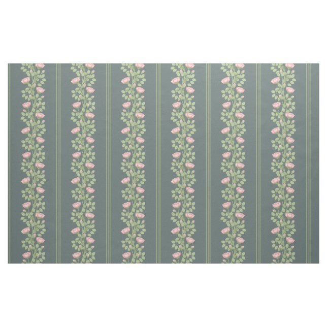 Pink Roses & Stripes on Slate Blue (small scale) Fabric (Yard)