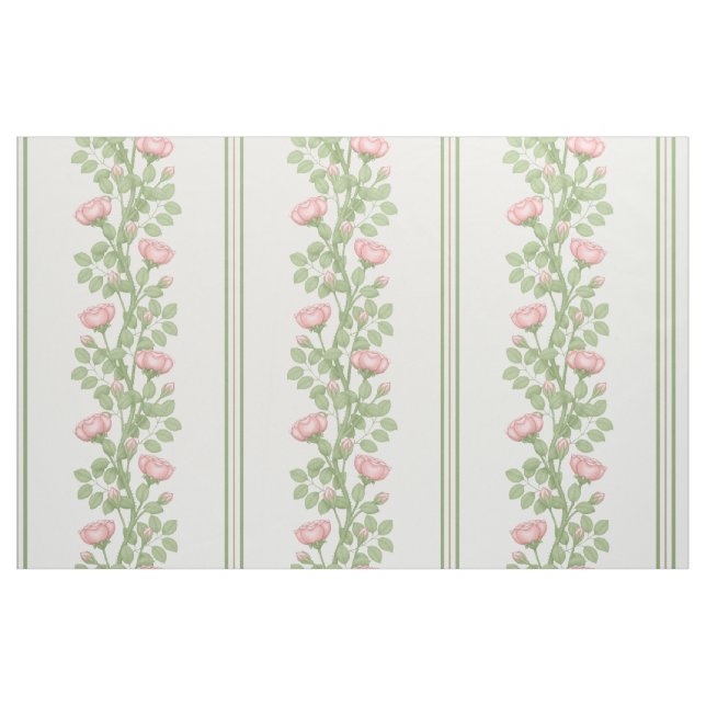Pink Roses & Stripes on White (large scale) Fabric (Yard)