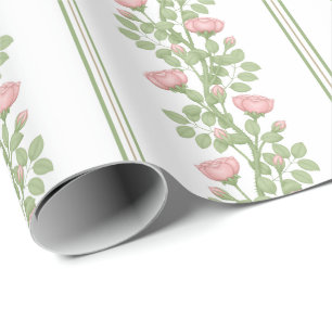 Pink Roses & Stripes on White Wrapping Paper
