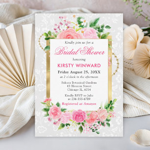 Pink Roses Summer Flowers Gold Bridal Shower Invitation
