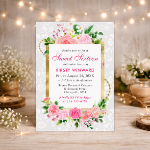 Pink Roses Summer Flowers Gold Foil Sweet 16 Invitation