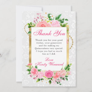 Pink Roses Summer Flowers Gold Quinceanera Thank You Card