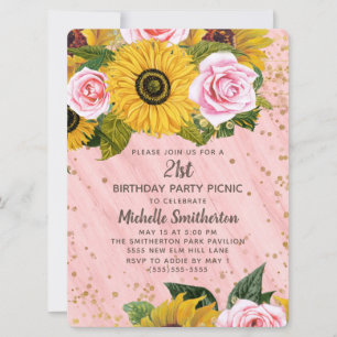 Pink Roses Sunflowers Gold Glitter 21st Birthday Invitation
