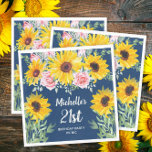 Pink Roses Sunflowers Navy Blue 21st Birthday   Napkin<br><div class="desc">Cute and stylish boho-style yellow sunflowers and pink roses on navy blue 21st birthday party picnic paper napkins for women. Text is customisable for any event you are planning. Customise the navy blue background on the front to any colour you want with Zazzle's powerful design tools. Contact me if you...</div>