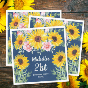 Pink Roses Sunflowers Navy Blue 21st Birthday   Napkin