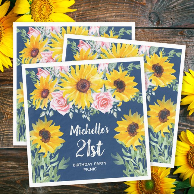 Pink Roses Sunflowers Navy Blue 21st Birthday   Napkin (Sunflowers and pink roses on navy blue custom birthday party paper napkins)