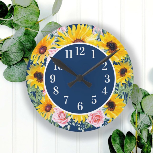 Pink Roses Sunflowers Navy Blue Monogrammed  Round Clock (Creator Uploaded)