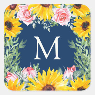 Pink Roses Sunflowers Navy Blue Monogrammed  Square Sticker