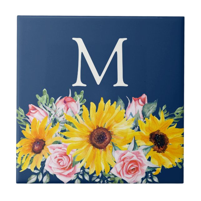 Pink Roses Sunflowers Navy Blue Monogrammed Tile (Front)