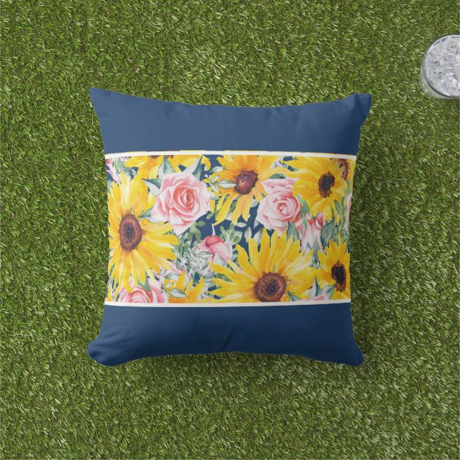 Pink Roses Sunflowers Navy Blue Porch Patio Outdoo Cushion (Grass)