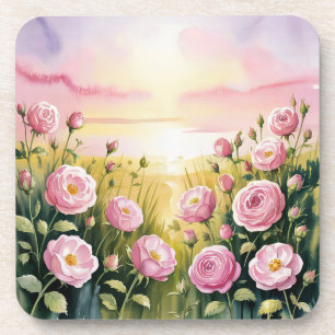 Pink Roses Sunset Plastic Cork Coaster Set