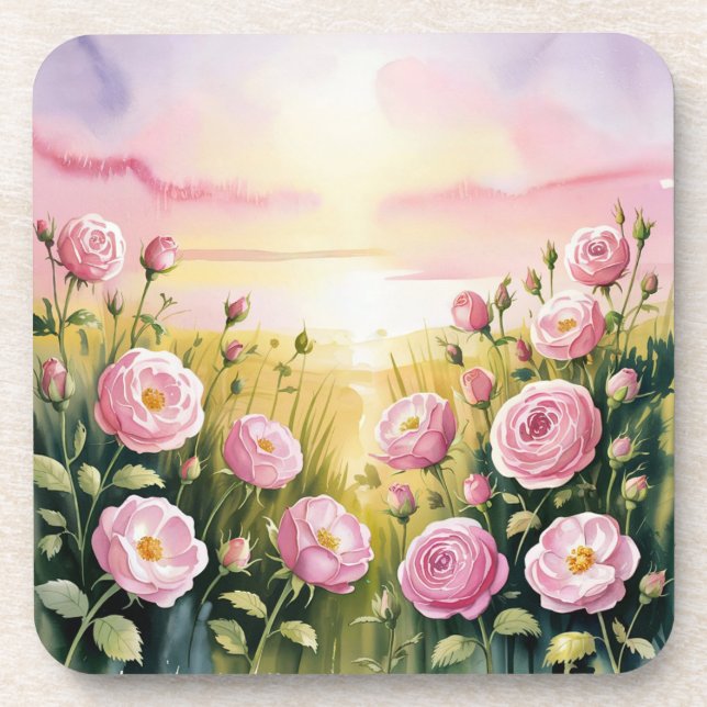 Pink Roses Sunset Plastic Cork Coaster Set (Front)