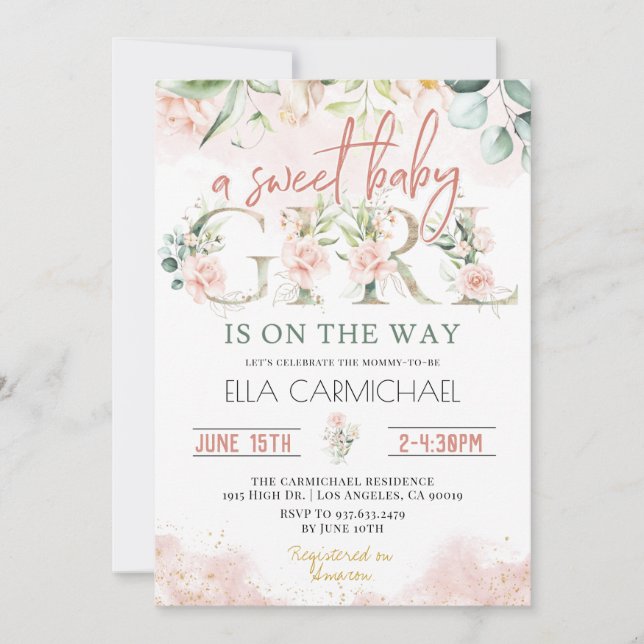 Pink Roses Sweet Baby Girl Baby Shower Invitation (Front)