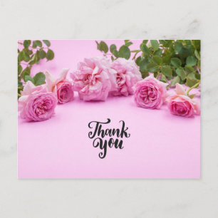 Pink roses Thank you card on pink background