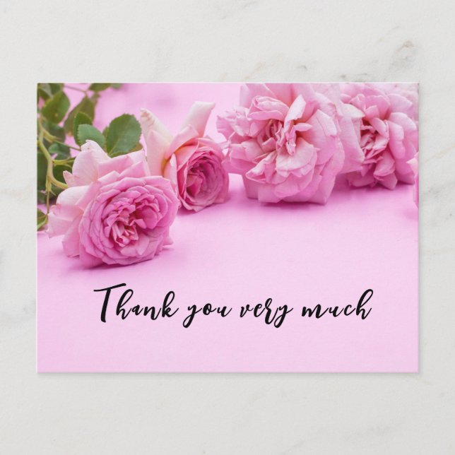 Pink roses Thank you card on pink background (Front)