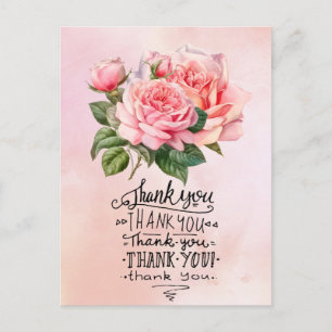 Pink roses Thank you card on pink background