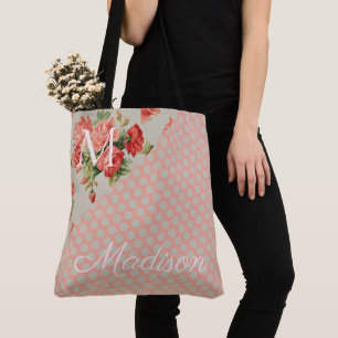 Pink Roses Trendy Dots Girly Name Monogram Tote Bag