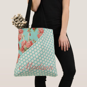 Pink Roses Trendy Green Dots Girly Name Monogram Tote Bag