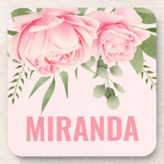 Pink roses trendy watercolor flowers coaster