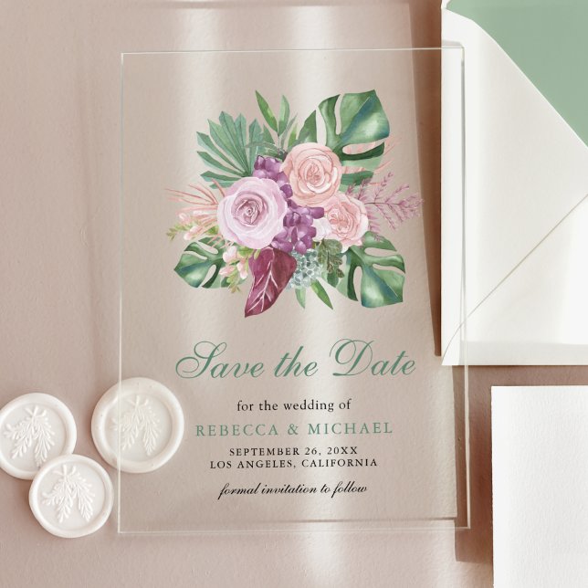 Pink Roses Tropical Monstera Wedding Save the Date Acrylic Invitations (Creator Uploaded)