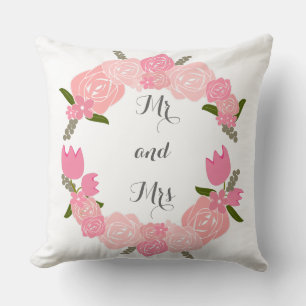 Pink Roses, Tulips, Flowers Wreath Mr and Mrs Cushion