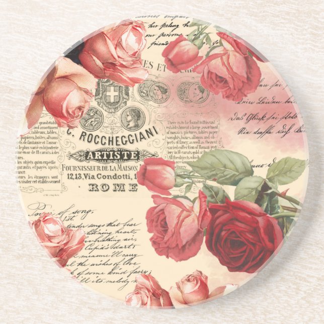Pink Roses Vintage Ephemera Coaster (Front)