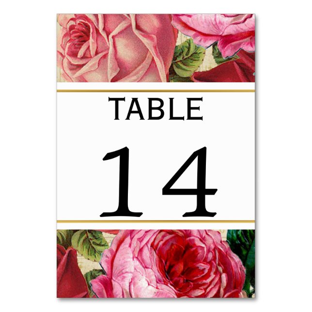 Pink roses vintage floral wedding table number (Front)