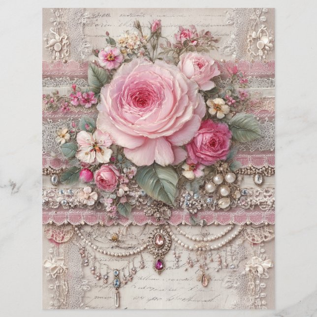 Pink Roses Vintage Junk Journal Scrapbook Paper (Front)