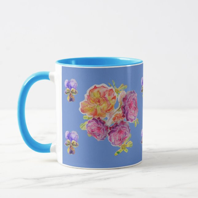 Pink Roses Violet Blue rose Shabby Watercolor Mug (Left)
