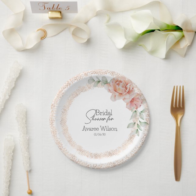 Pink Roses Watercolor and Glitter Bridal Shower Paper Plate (Wedding)