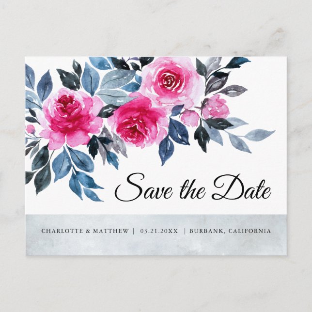 Pink Roses Watercolor Botanical Save The Date Announcement Postcard (Front)