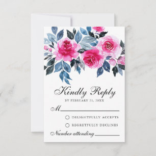 Pink Roses Watercolor Botanical Wedding RSVP Card