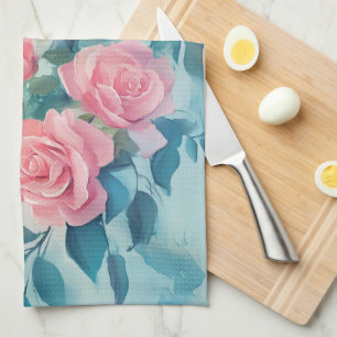 Pink Roses Watercolor Elegant Tea Towel