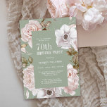 Pink Roses Watercolor Floral 70th Birthday Invitation<br><div class="desc">An elegant watercolor floral 70th birthday party invitation, this design features a sage green background to contrast beautifully with the winter ice pink roses framing the text. All of the text can be personalised with your custom party text, including the age. You can also use this invitation template for other...</div>