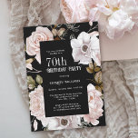 Pink Roses Watercolor Floral 70th Birthday Invitation<br><div class="desc">An elegant watercolor floral 70th birthday party invitation, this design features black background to contrast beautifully with the winter ice pink roses framing the text. All of the text can be personalised with your custom party text, including the age. You can also use this invitation template for other ages by...</div>