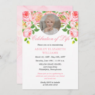 Pink Roses Watercolor Floral Celebration of Life I Invitation